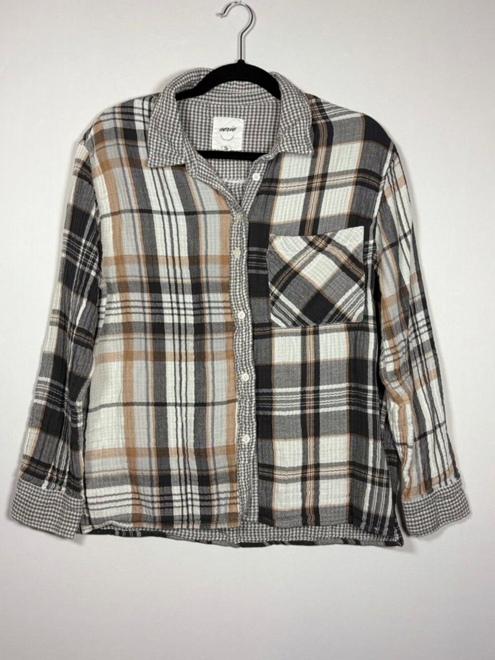 Aerie Plaid Double Gauze Button Down Shirt Gray Brown Gingham Womens Size M